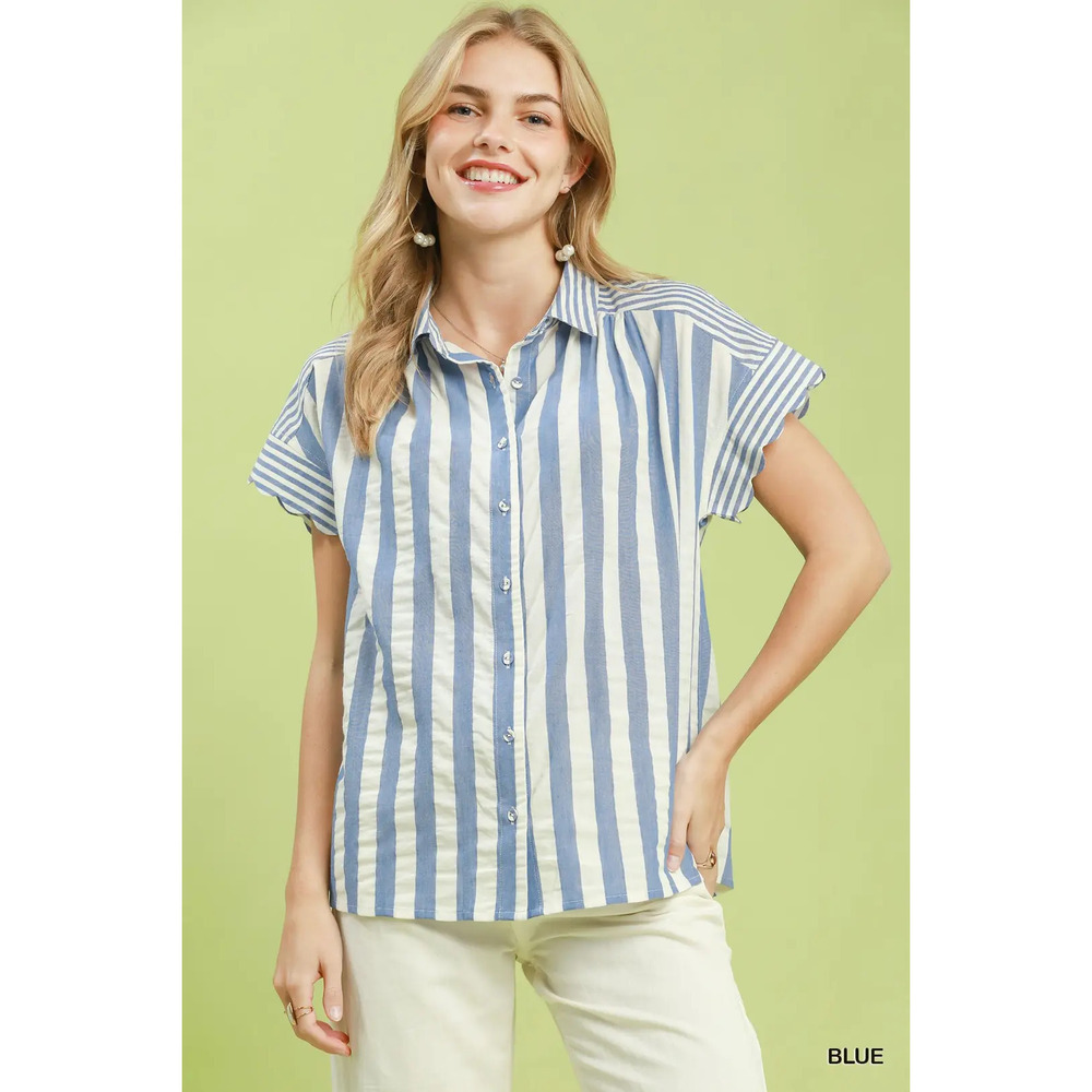 Umgee Striped Button Front Flutter Sleeve Top